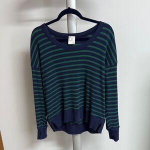 Offline by Aerie Waffle Knit Navy and Green Striped Long Sleeve Top, Size S EUC